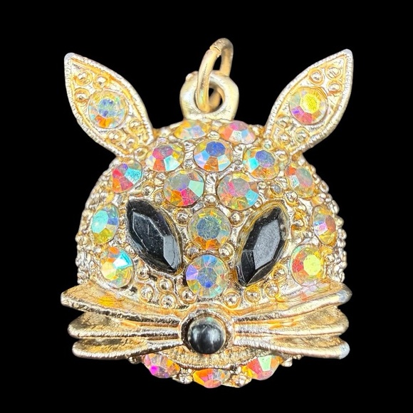 Jewelry - Gold Cat Pendant Charm with Aurora Borealis Iridescent Crystals